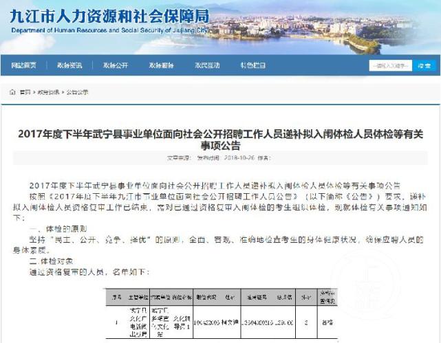 九江事業(yè)單位招考總分第1名無緣體檢:被第二名舉報出局